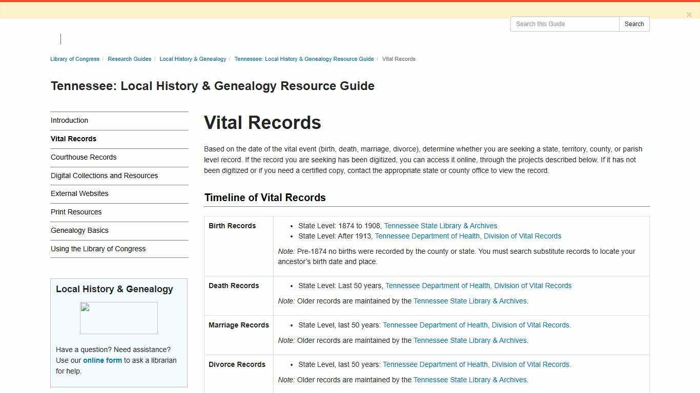 Vital Records - Tennessee: Local History & Genealogy Resource Guide - Research Guides at Library of Congress