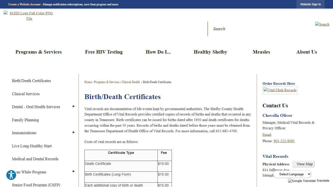 Birth/Death Certificates | Shelby County Health Dept., TN
